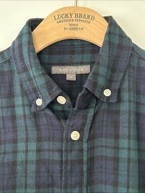 Slate & Stone Plaid Flannel Shirt Boys Sz 10 w MEASUREMENTS Green Navy Blue